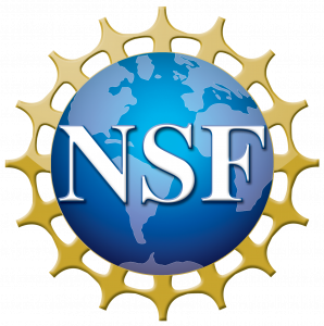 National Science Foundation logo. The letters NSF in white in front of a blue globe. The globe is encircled with a gold pointy ring, like sun beams.